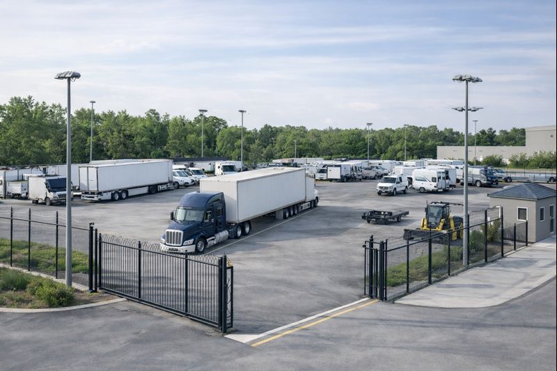 Secure outdoor storage yard with gated entrance and trucks